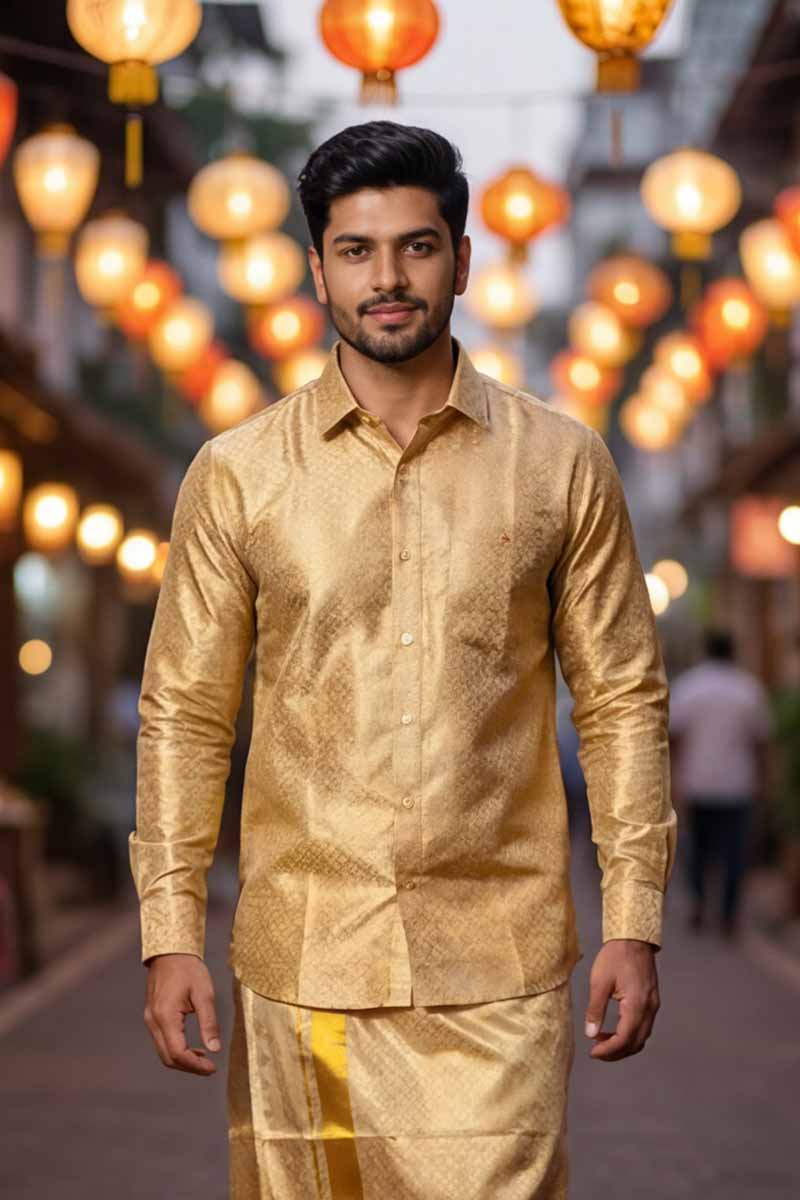 Men’s Gold Jacquard Shirt with Kerala Mundu-Gold - 6
