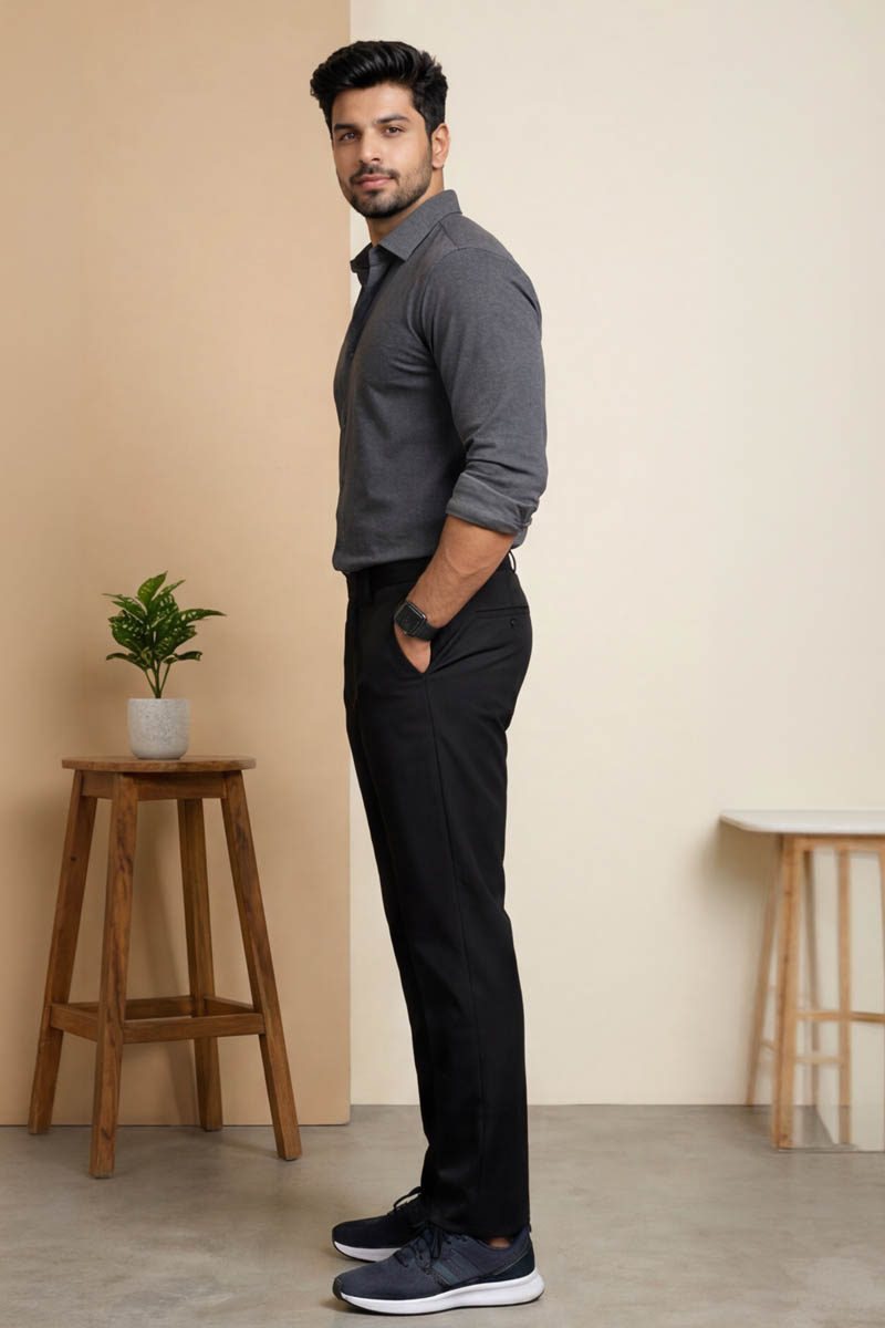 Men's Black Slim-Fit Trousers -Black - 3