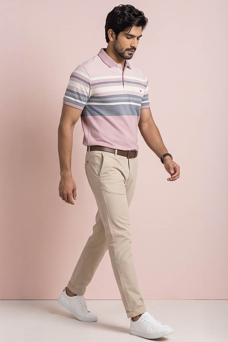 Blush Pink Signature Stripe Polo Tee -Pink - 2