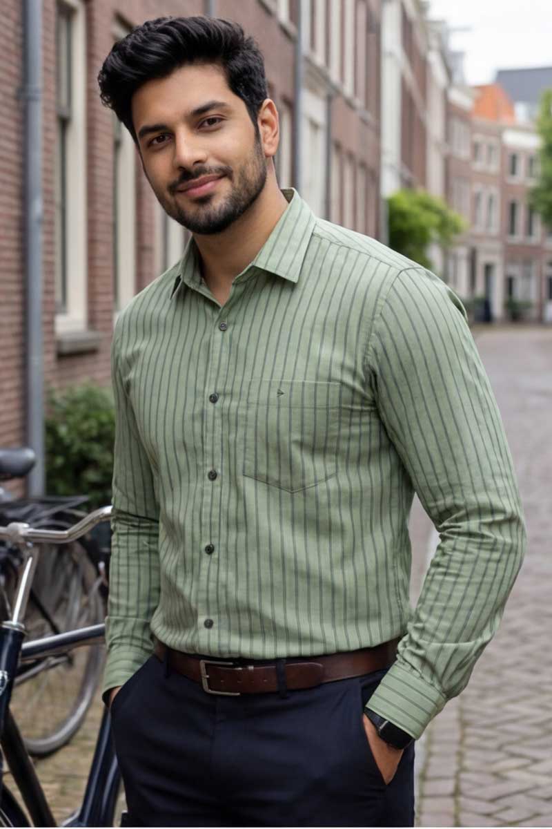 SHIRT Elegant Sage Green Striped Button-Down (P-GREEN) - 2