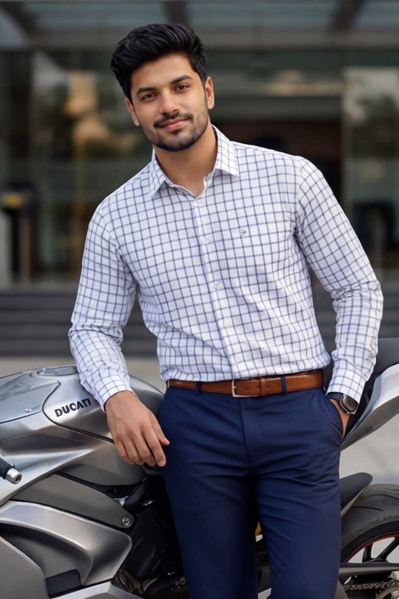 EcoLux Bamboo Cotton Shirt – Blue Checks (Smart Fit, Full Sleeve) - 2