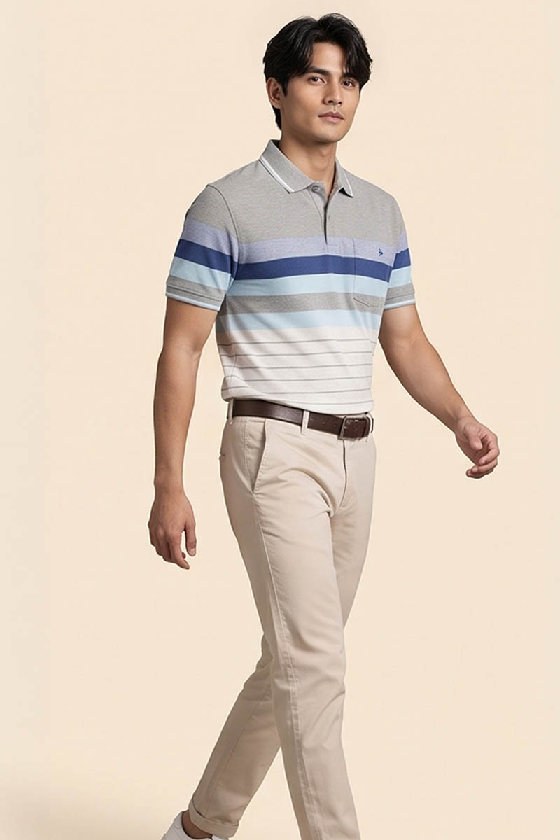 Blue Grey Ombre Stripe Polo T-Shirt -Blue - 2