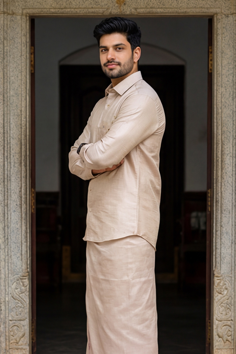 Elite Ethnic Shirt & Mundu Set - L-PINK - 4