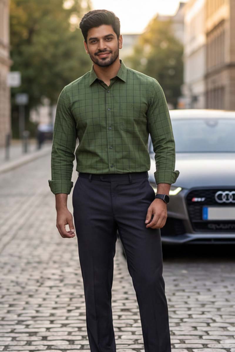 D-Olive Checks Formal Shirt (Smart Fit - Full Sleeves)_RABF-741