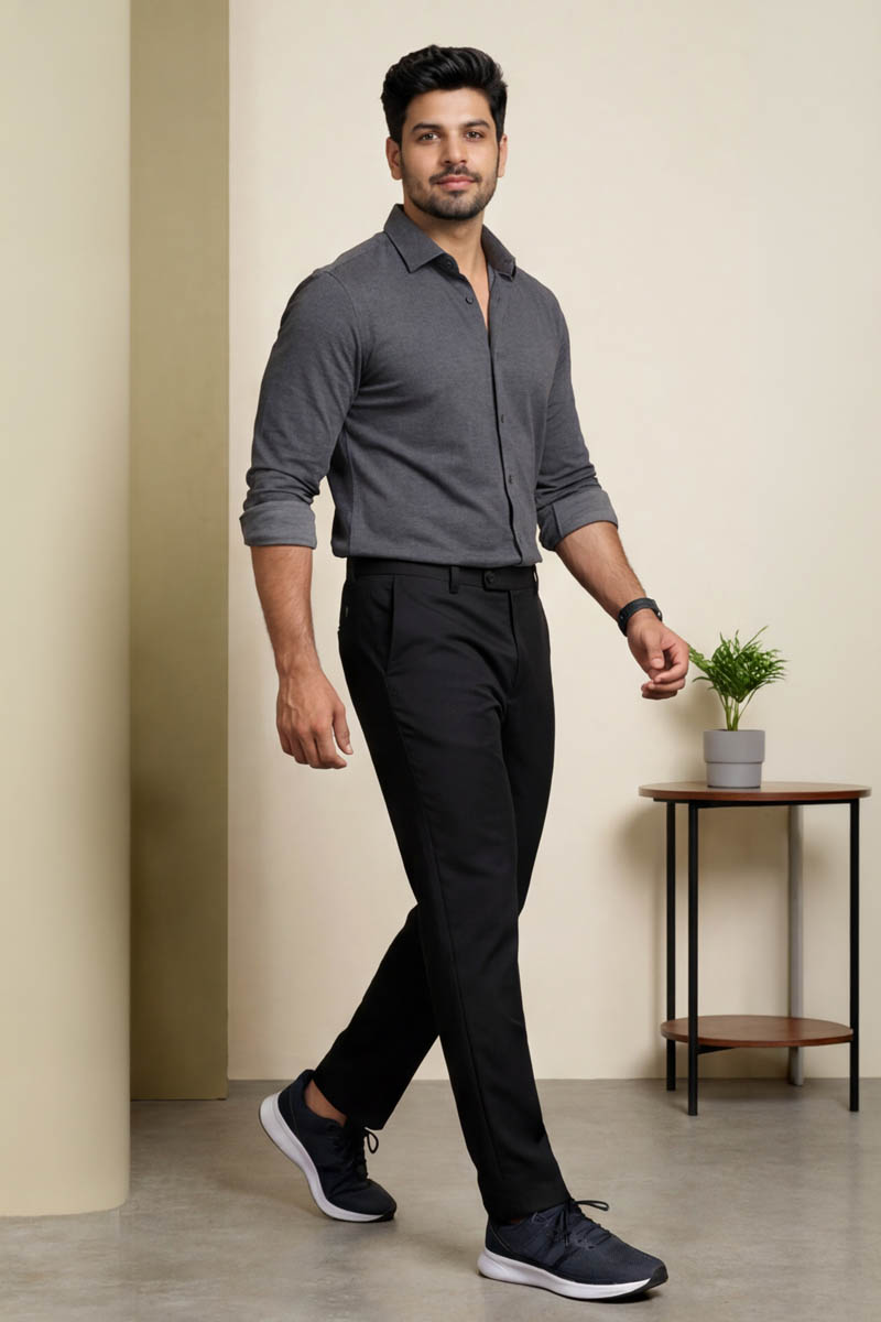 Men's Black Slim-Fit Trousers -Black - 4