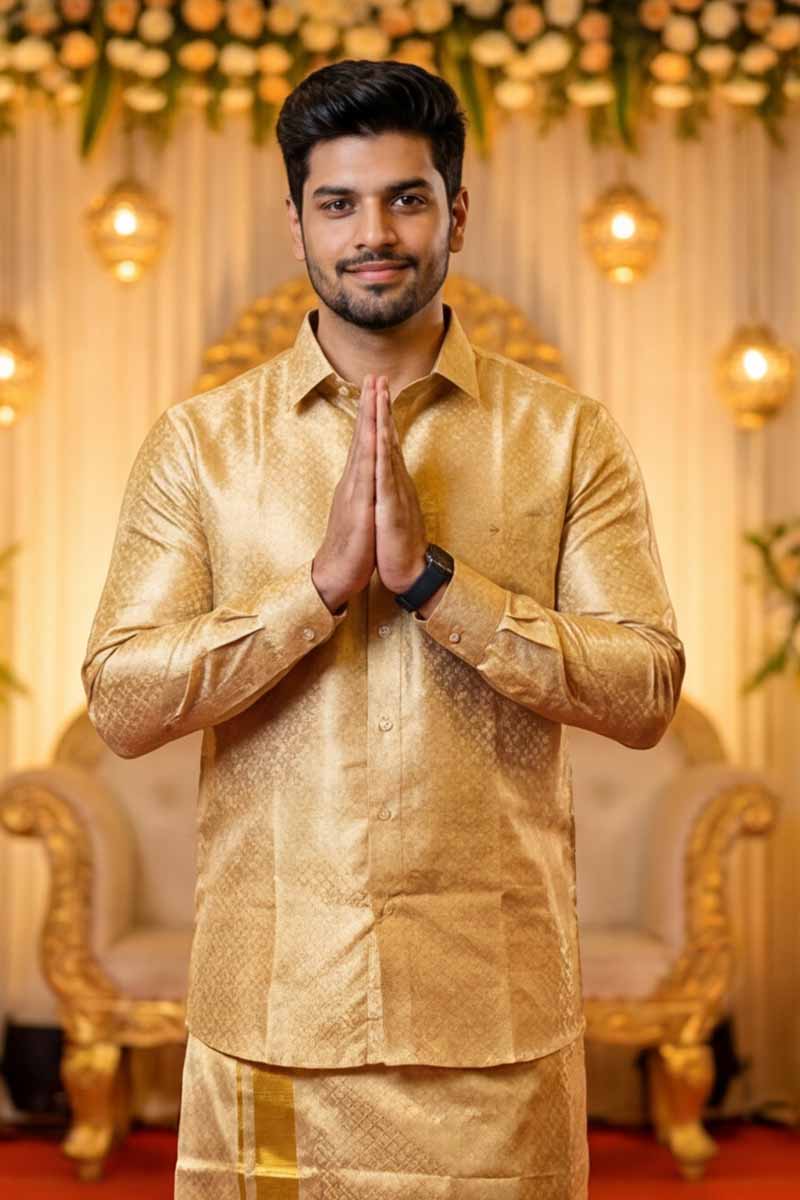 Men’s Gold Jacquard Shirt with Kerala Mundu-Gold - 2