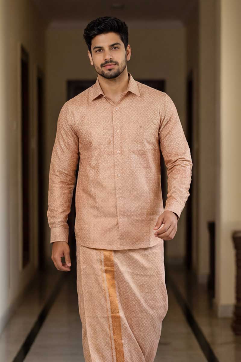Gold Pattern Ethnic Shirt & Dhoti Set - Copper - 2