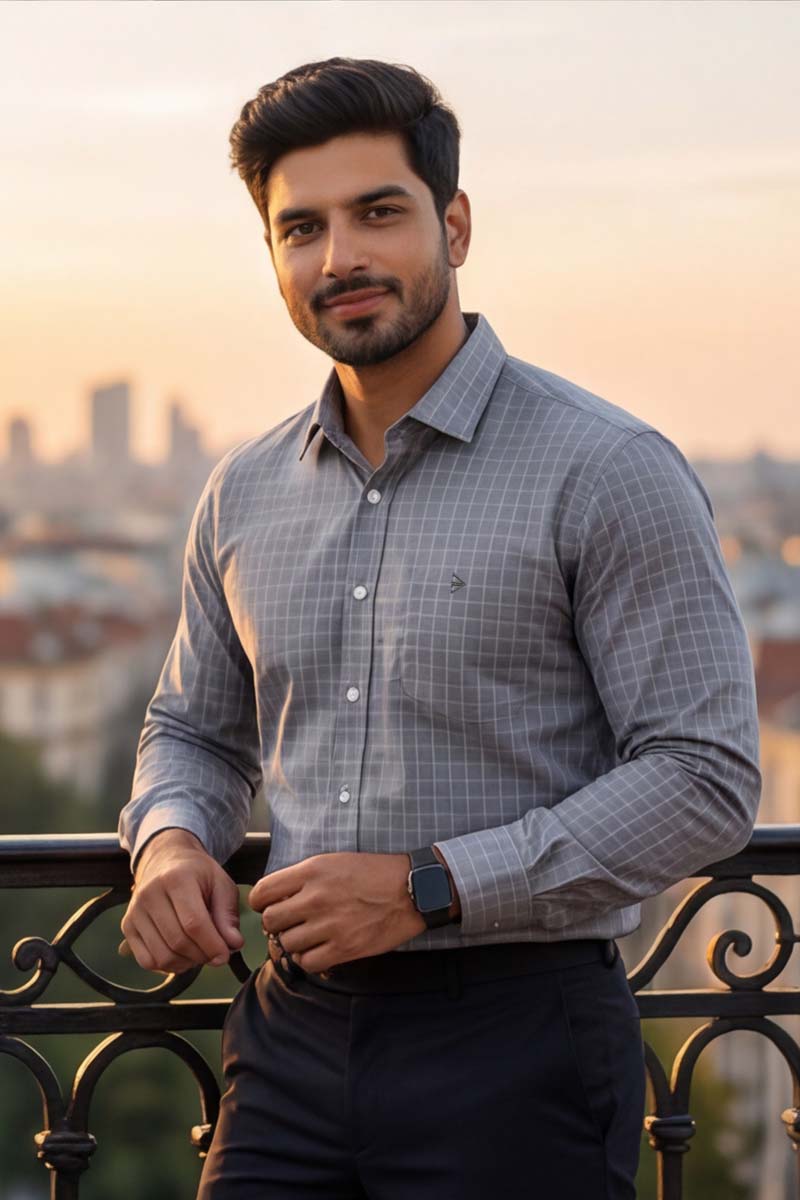 L-Grey Checks Formal Shirt (Smart Fit - Full Sleeves) - 2