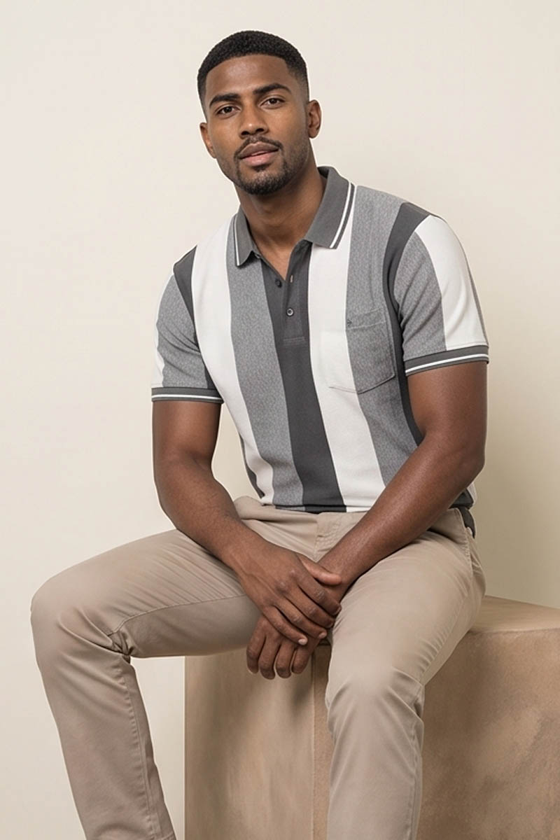 Monochrome Vertical Stripe Polo T-Shirt -Grey - 3