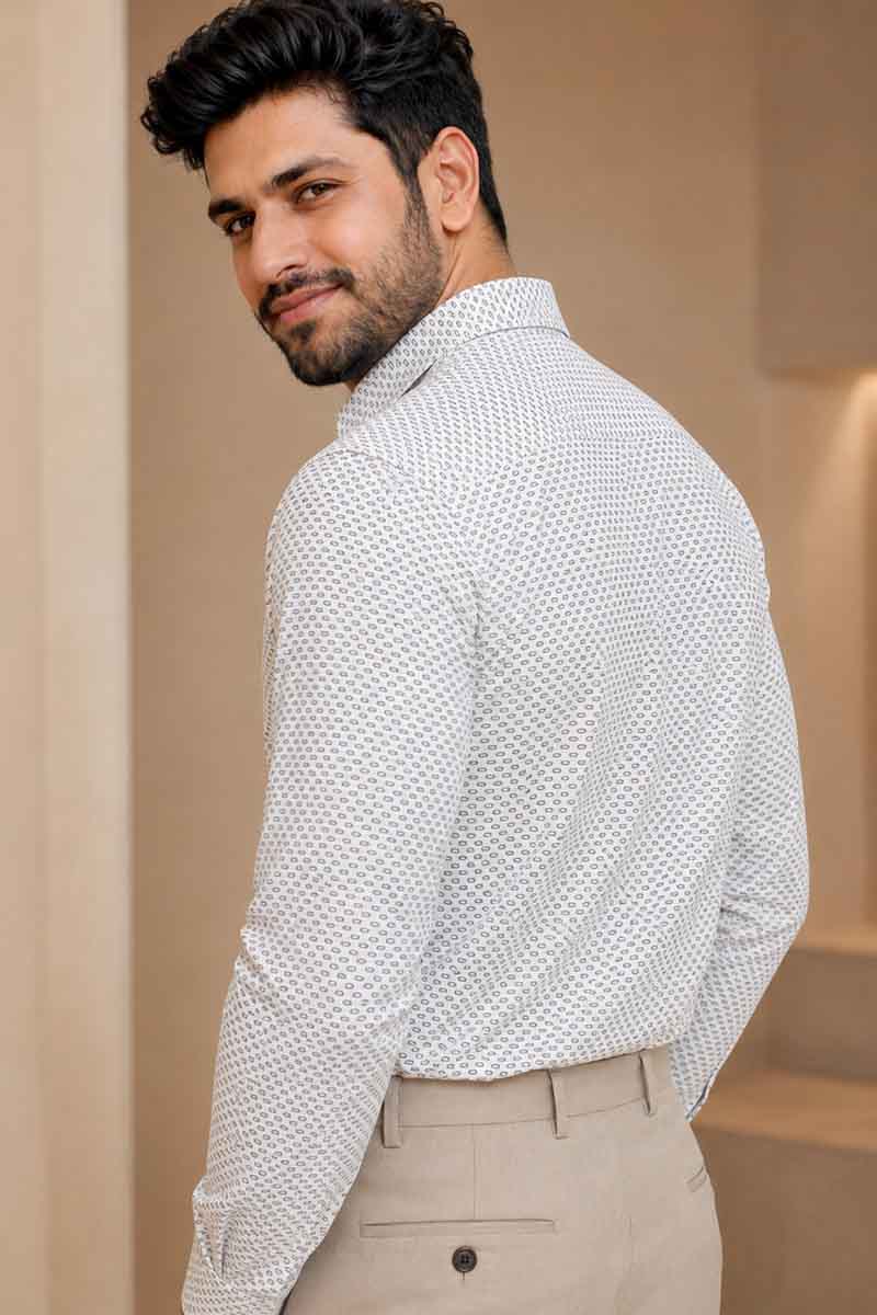 Men’s White Textured Geometric Shirt - White - 6