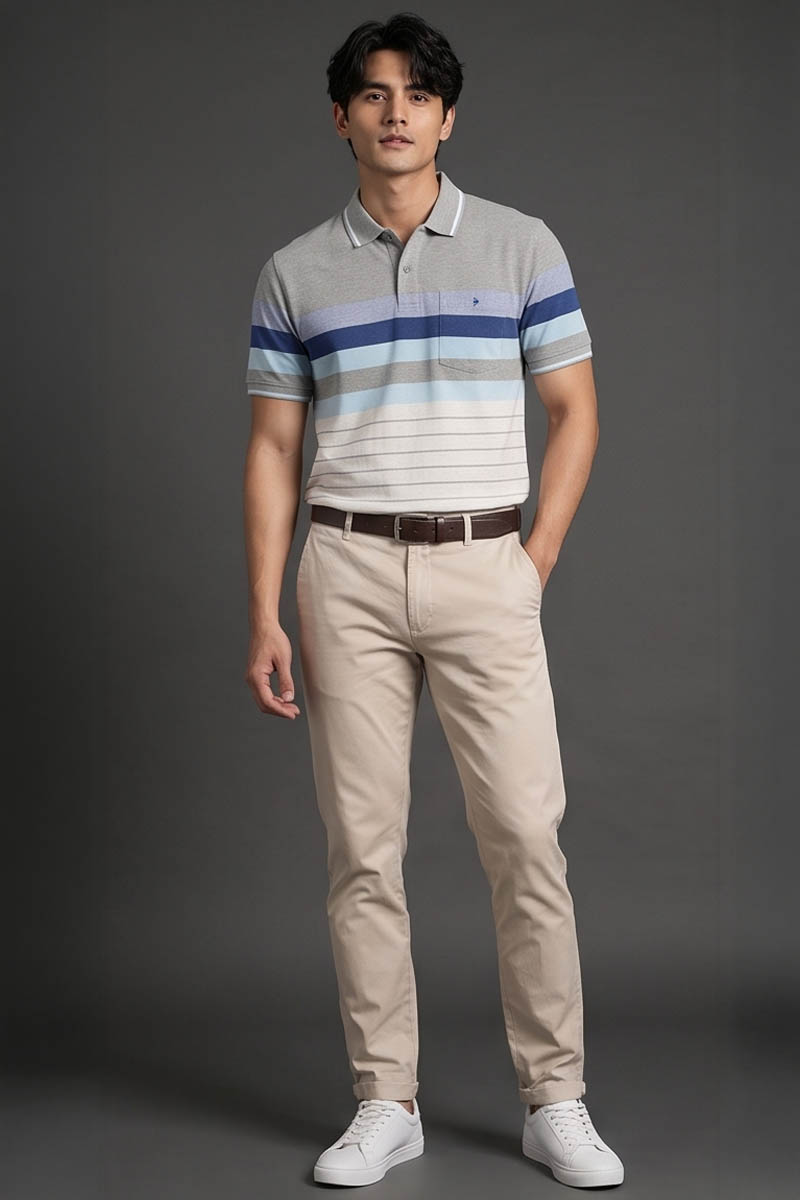 Blue Grey Ombre Stripe Polo T-Shirt -Blue