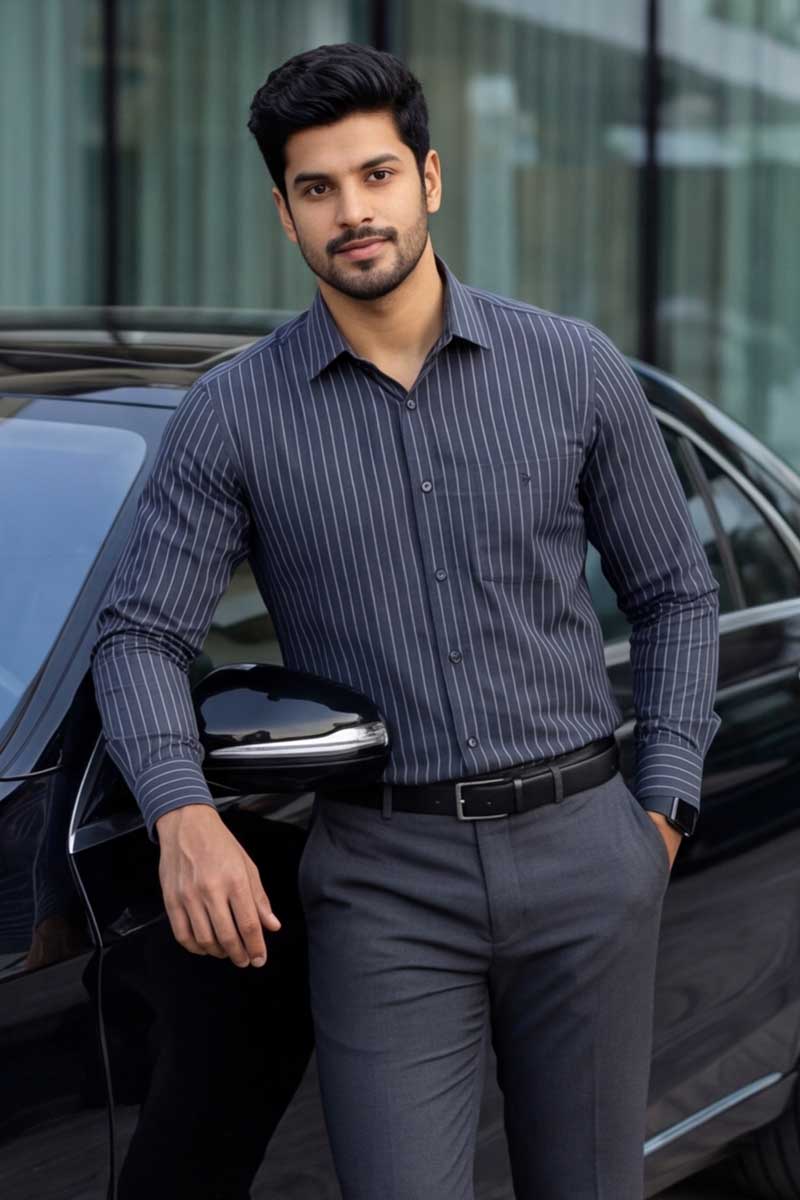 SHIRT Elegant Sage Green Striped Button-Down (GREY) - 2