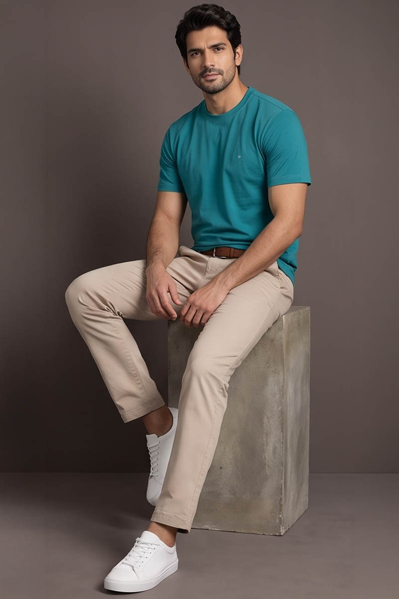 Peacock Teal Basic Crew Neck T-Shirt -E-Green - 3