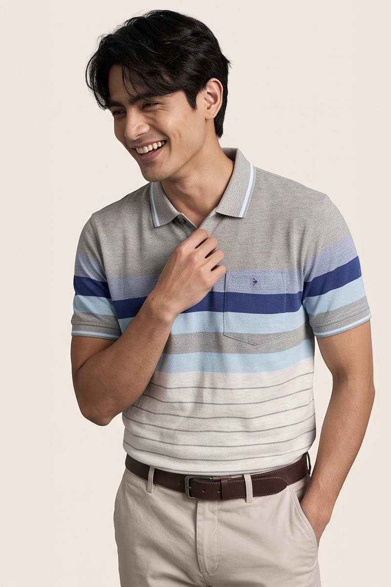 Blue Grey Ombre Stripe Polo T-Shirt -Blue - 6