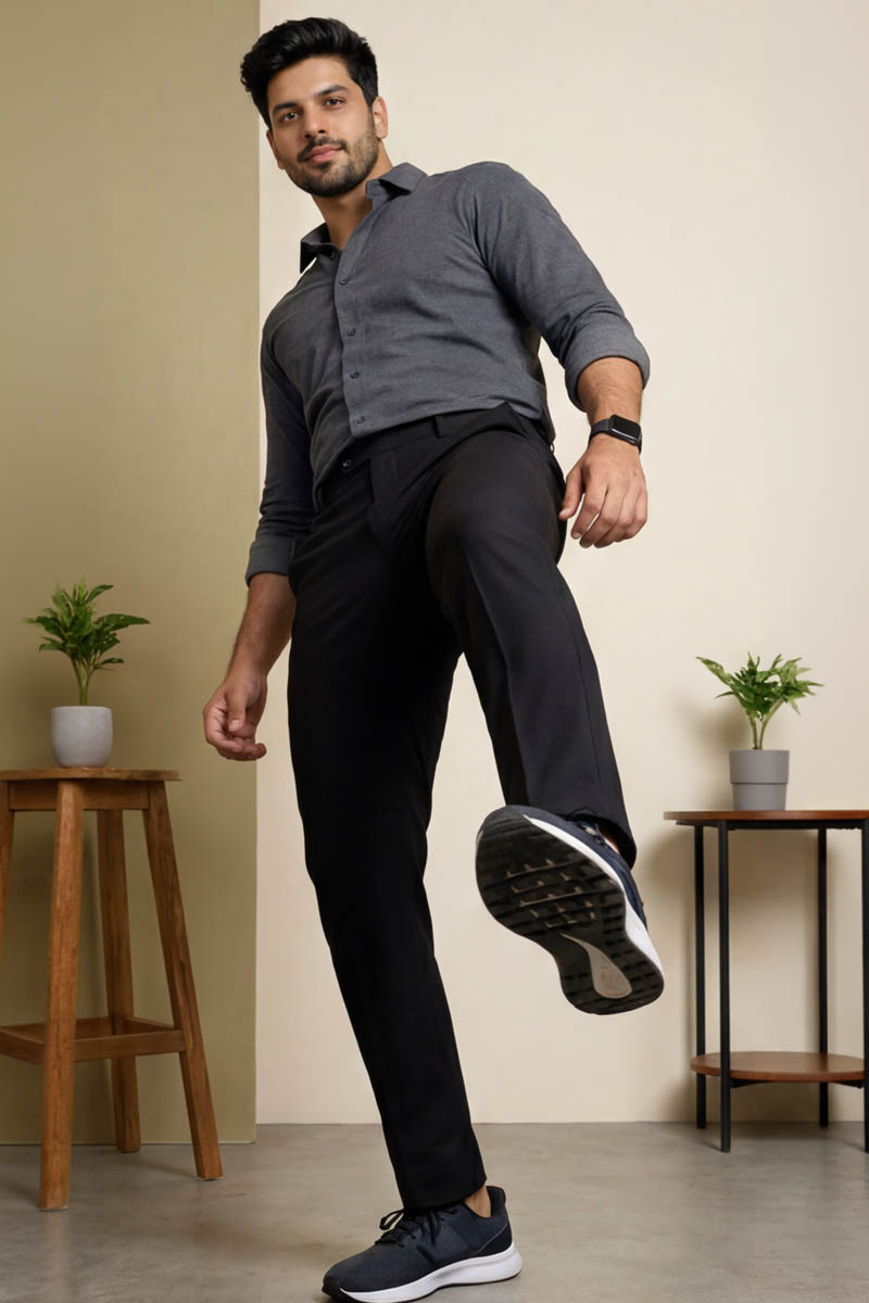 Men's Black Slim-Fit Trousers -Black - 5