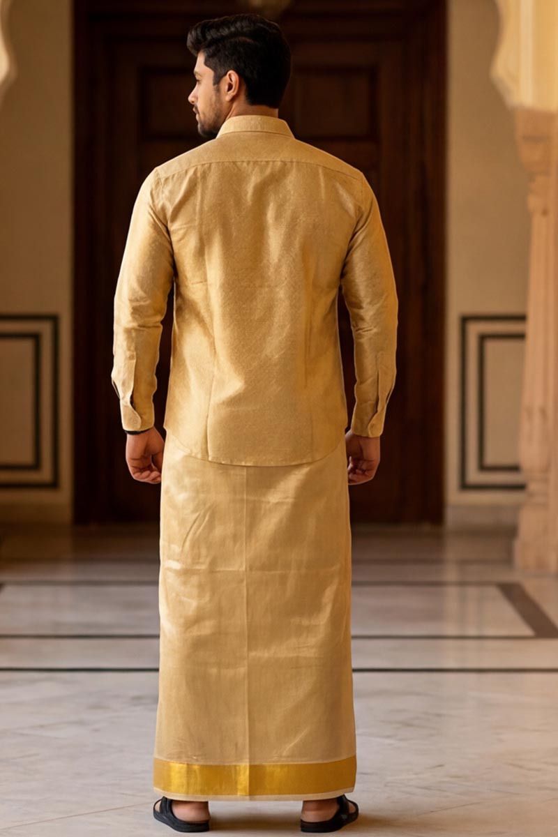 Men’s Gold Jacquard Shirt with Kerala Mundu-Gold - 5
