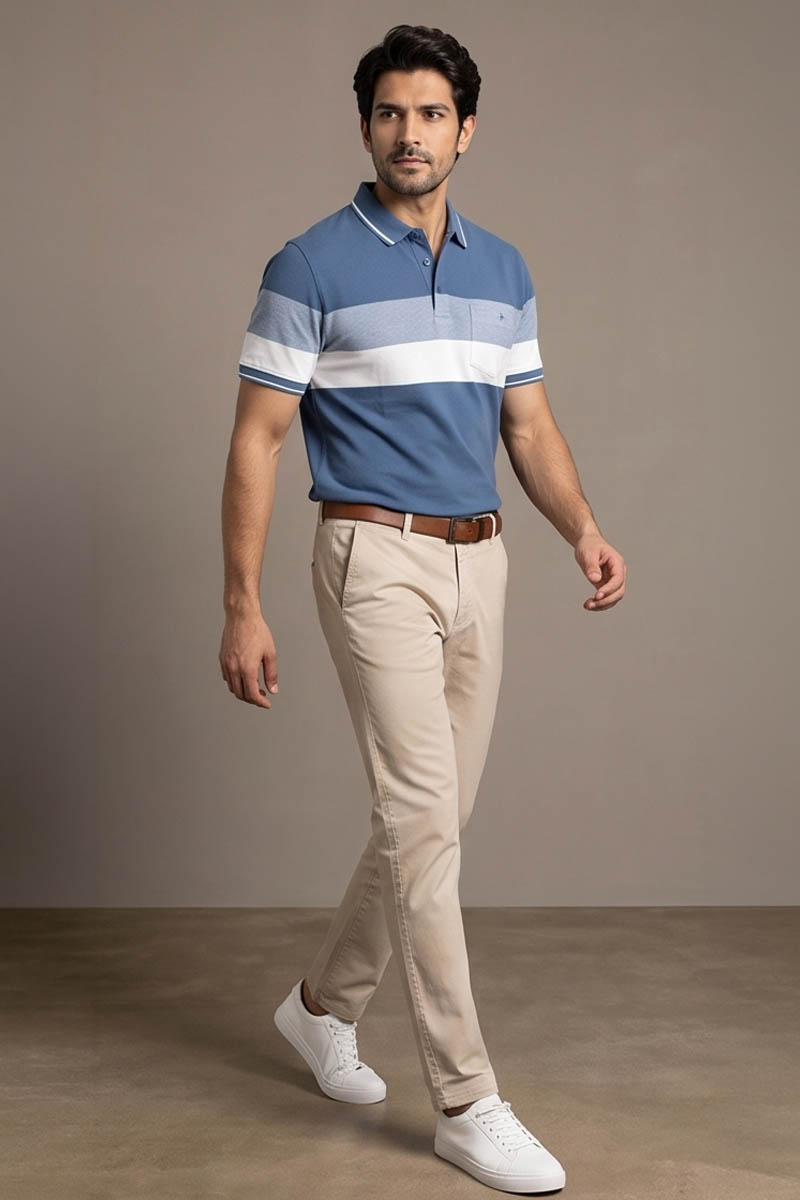 Blue and White Block Stripe Polo T-Shirt -Blue - 2