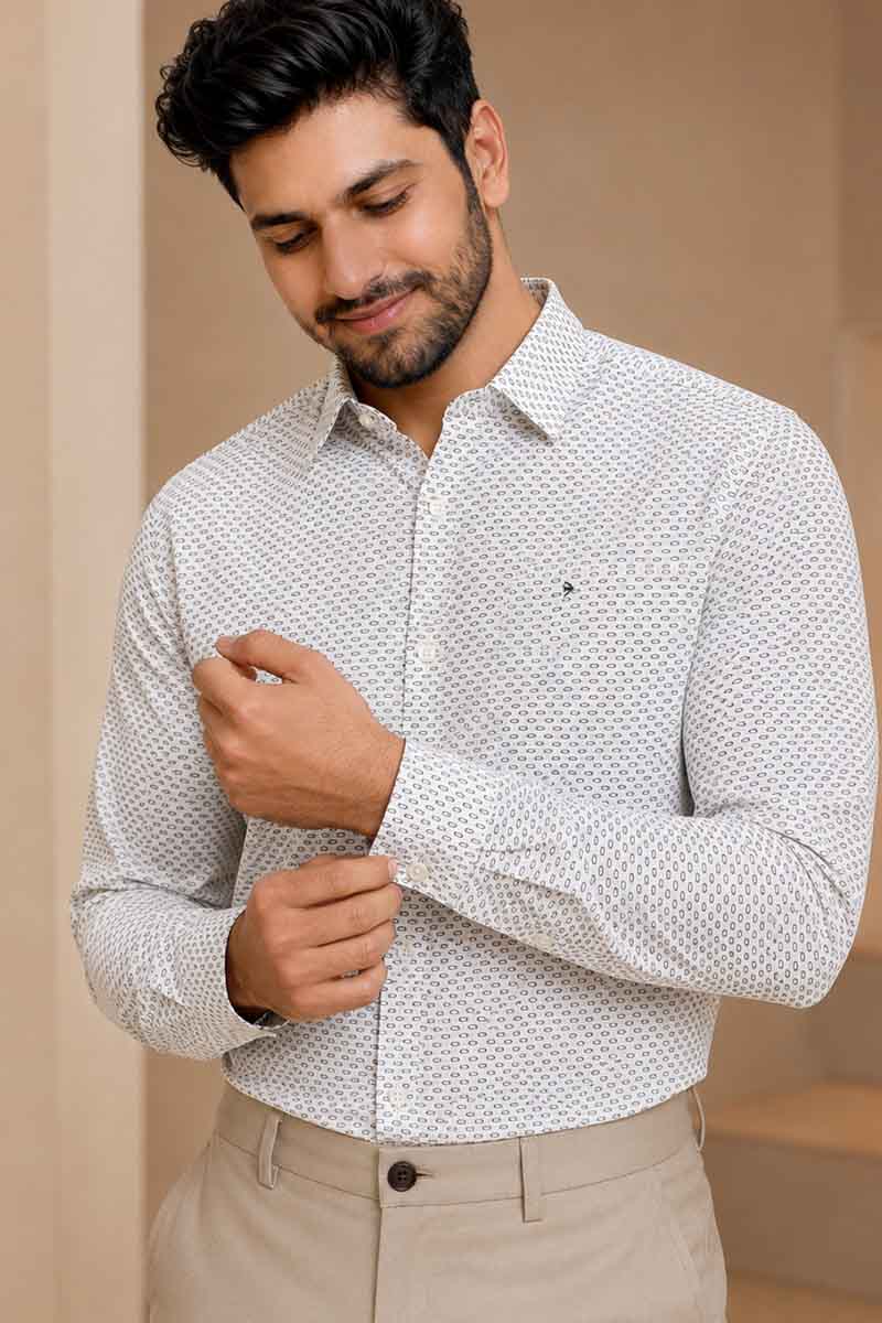 Men’s White Textured Geometric Shirt - White - 3