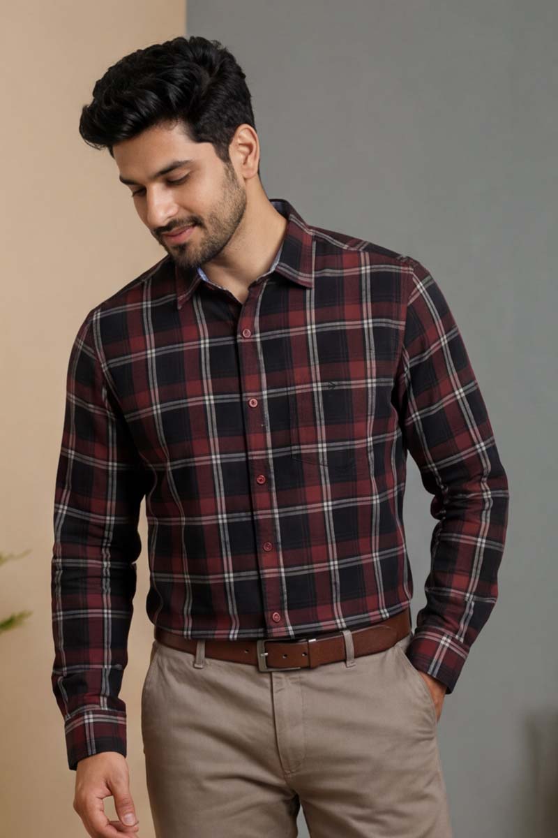 Classic Maroon Plaid Shirt -D-Maroon - 2