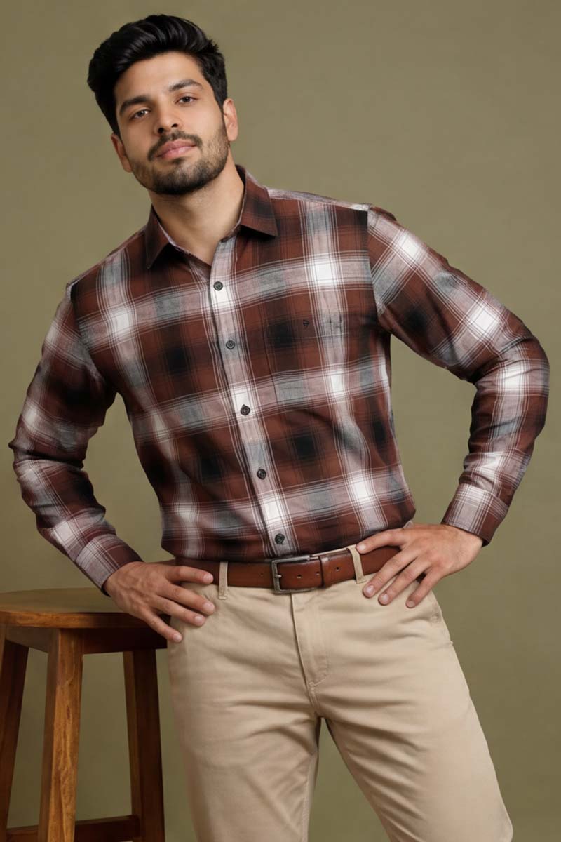 Urban Brown White Check Shirt - M-Brown - 4
