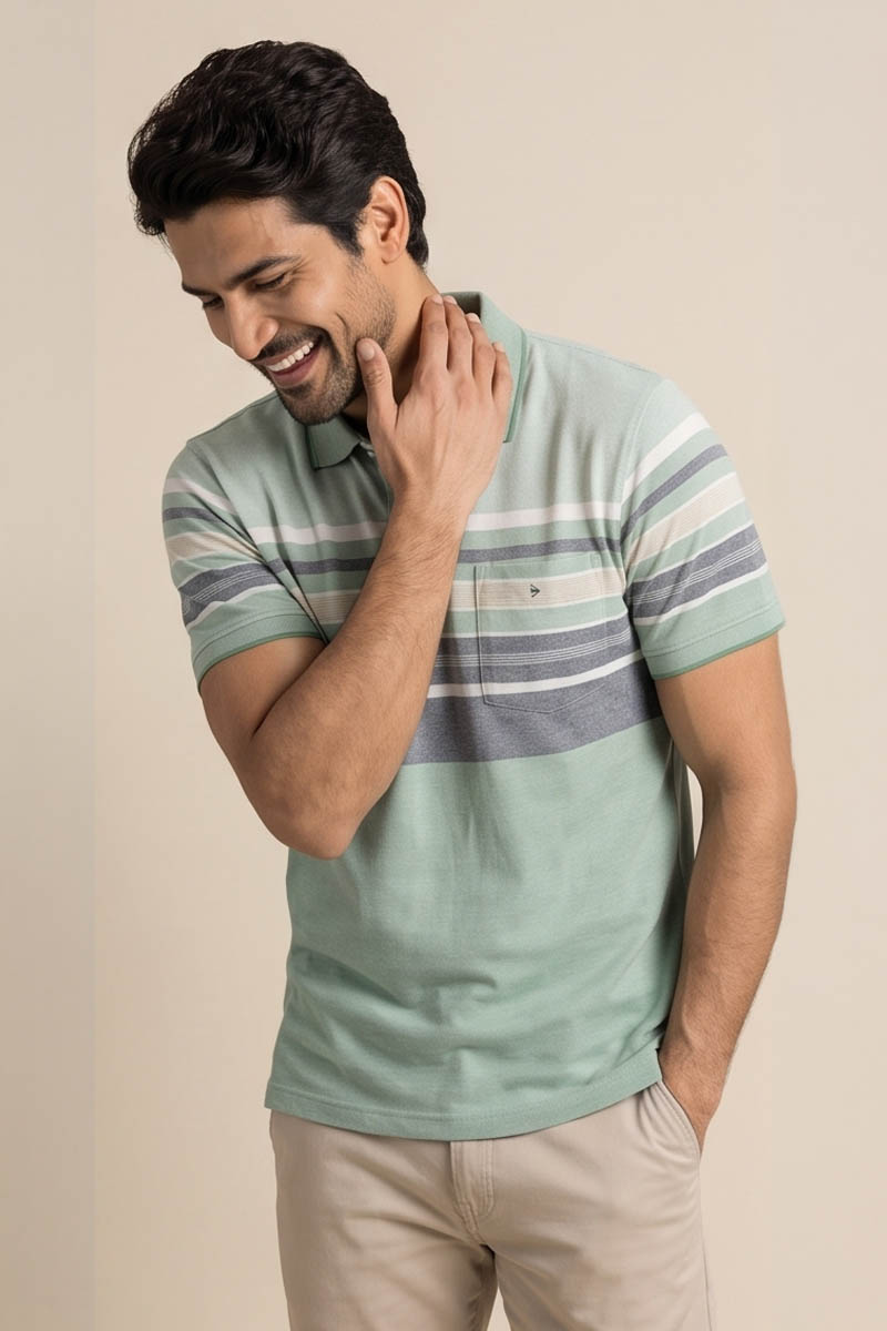 Mint Slate Striped Polo T-Shirt -Green - 5