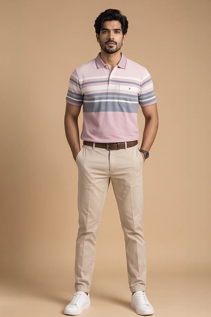 Blush Pink Signature Stripe Polo Tee -Pink