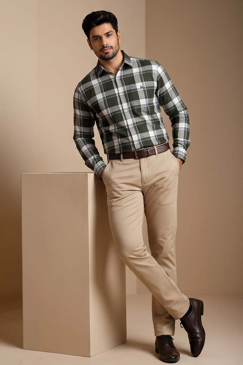 Ivory Olive Checked Shirt - D-Olive