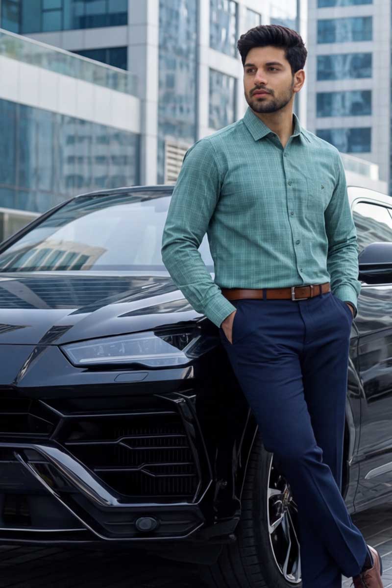 Urban Grid Formal Shirt – Green Checks (Smart Fit) - 4