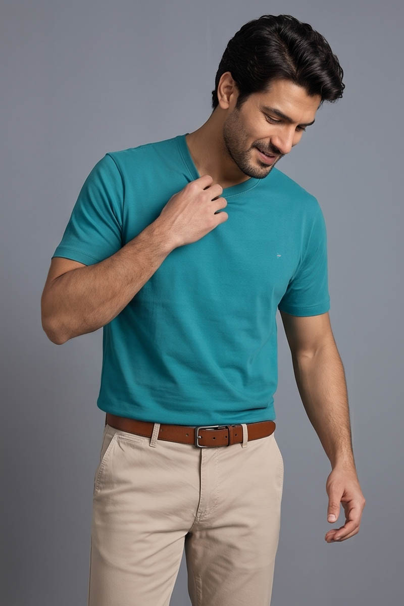 Peacock Teal Basic Crew Neck T-Shirt -E-Green - 6