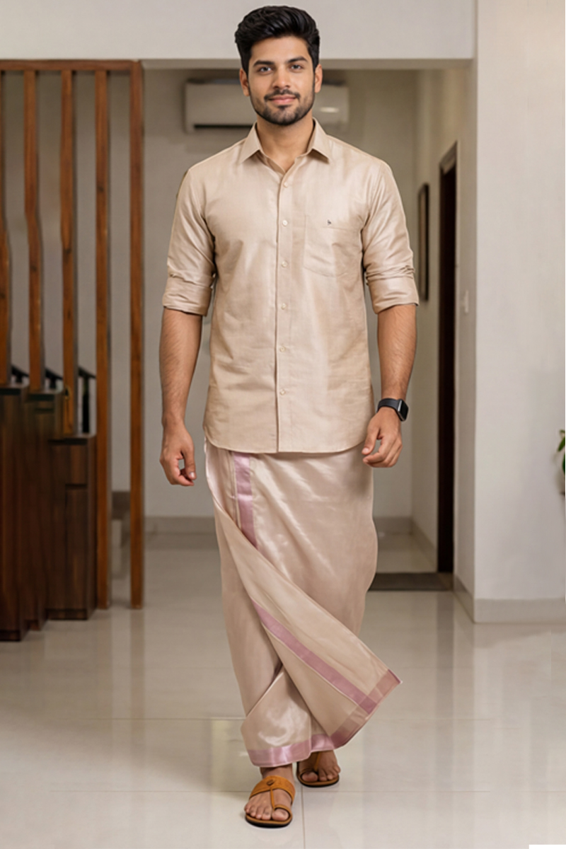 Elite Ethnic Shirt & Mundu Set - L-PINK - 3