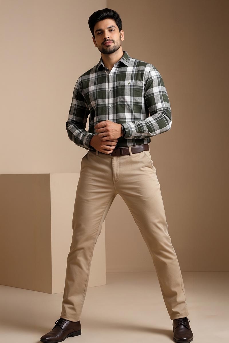 Ivory Olive Checked Shirt - D-Olive - 2