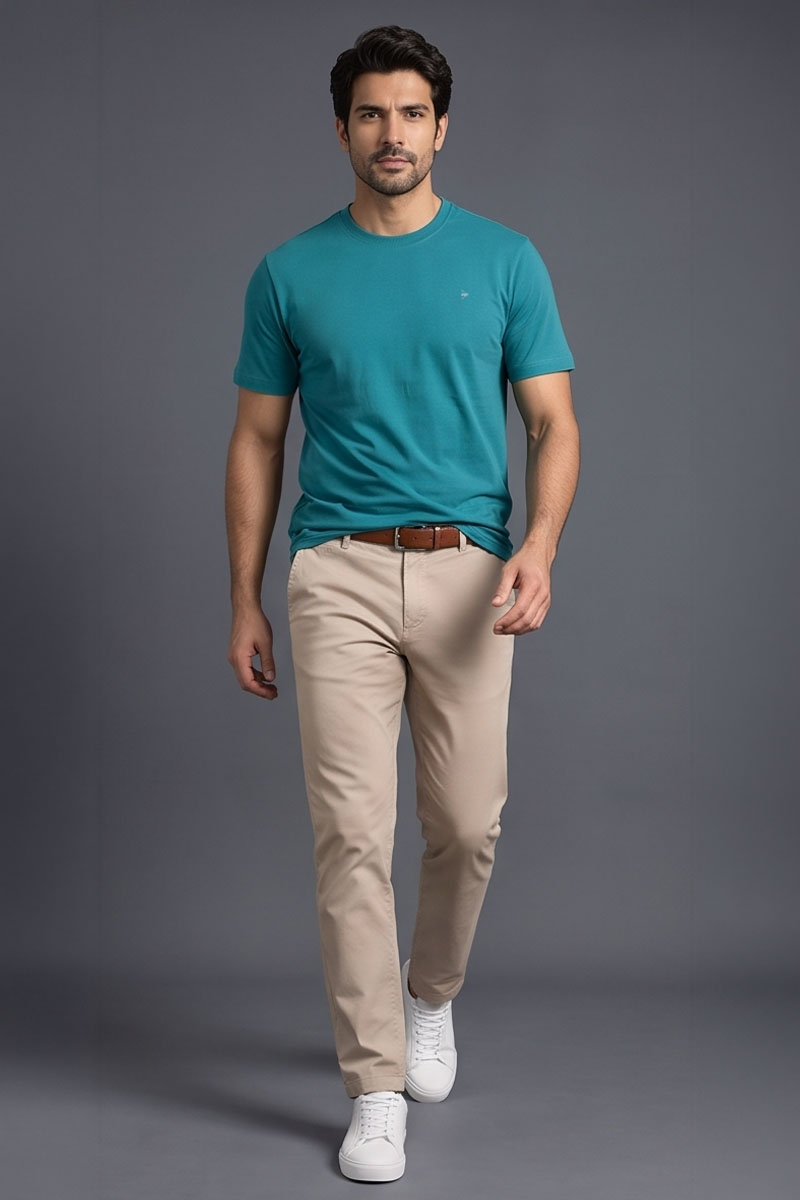 Peacock Teal Basic Crew Neck T-Shirt -E-Green - 2