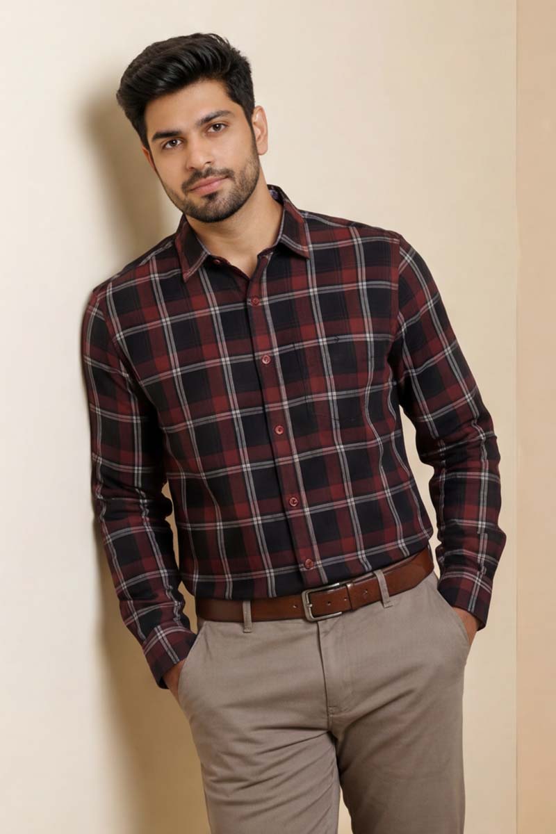 Classic Maroon Plaid Shirt -D-Maroon - 4