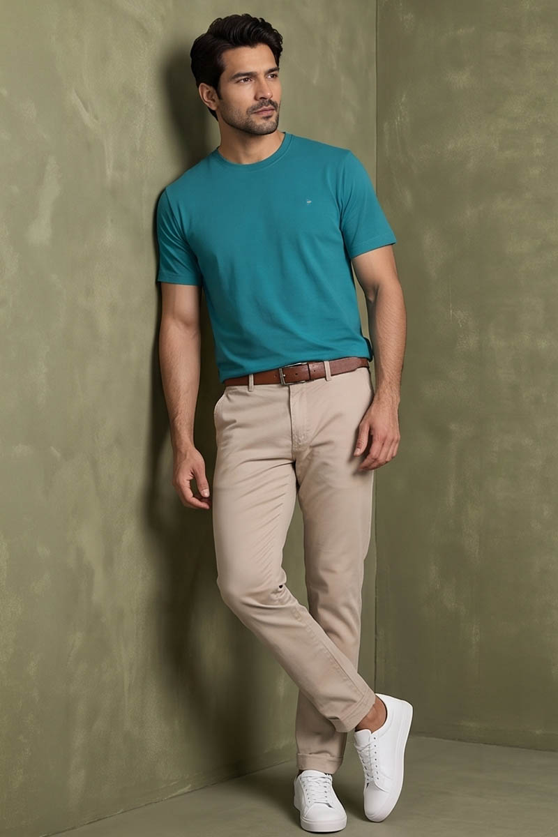 Peacock Teal Basic Crew Neck T-Shirt -E-Green - 5