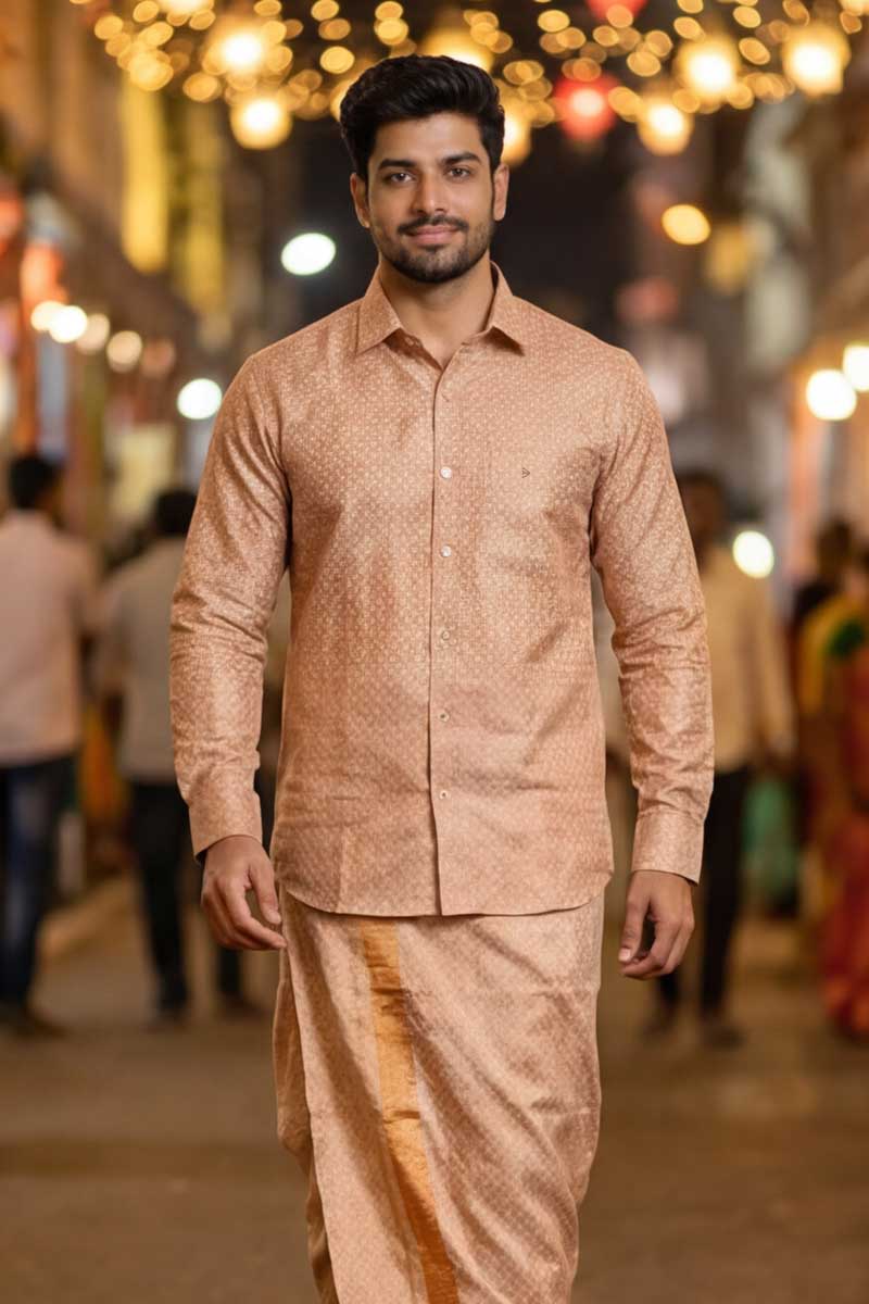 Gold Pattern Ethnic Shirt & Dhoti Set - Copper - 5