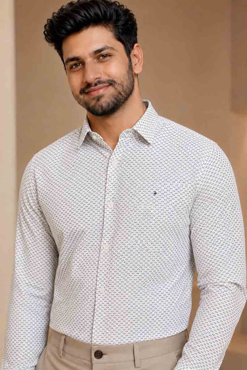Men’s White Textured Geometric Shirt - White - 5