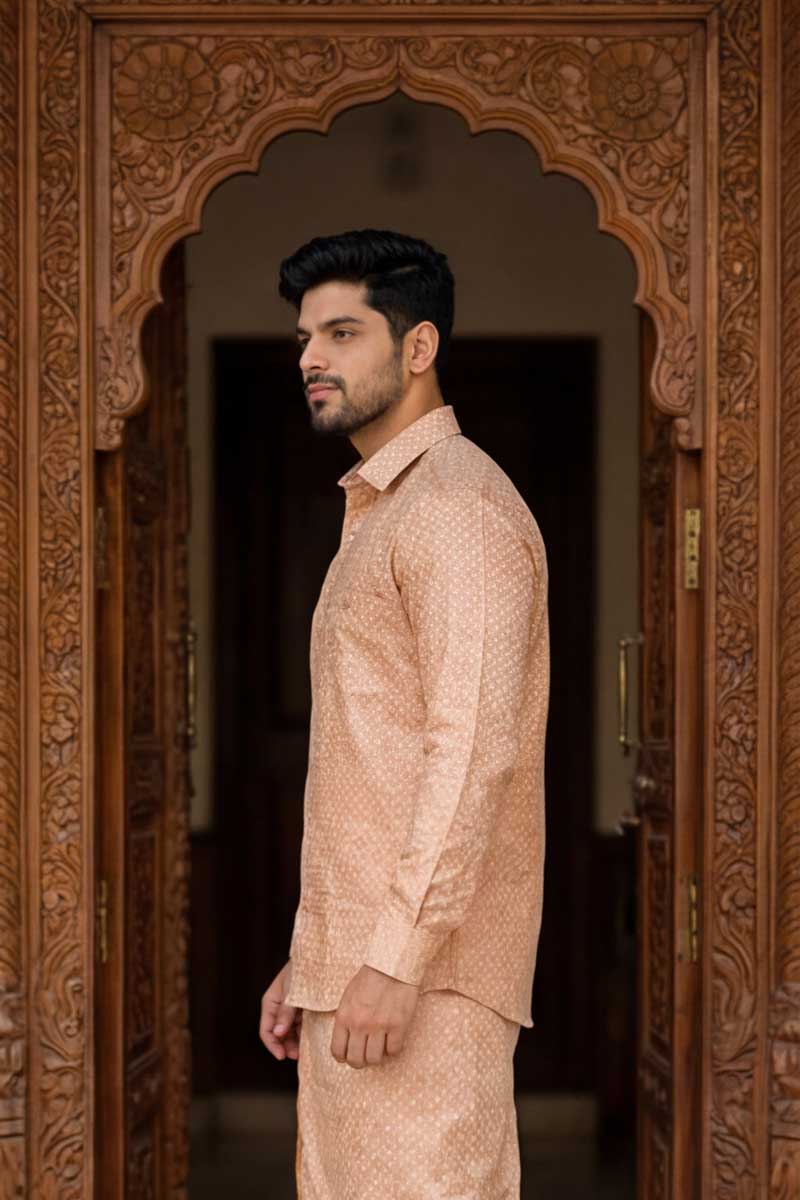 Gold Pattern Ethnic Shirt & Dhoti Set - Copper - 4