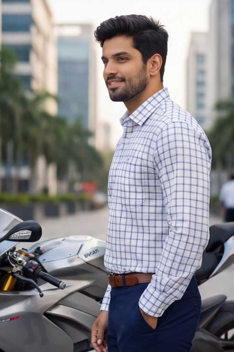 EcoLux Bamboo Cotton Shirt – Blue Checks (Smart Fit, Full Sleeve) - 4