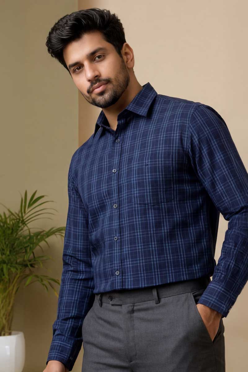 Premium Navy Blue Plaid Shirt - Navy - 4