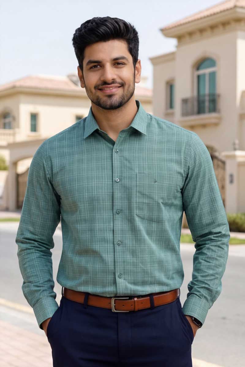 Urban Grid Formal Shirt – Green Checks (Smart Fit) - 5