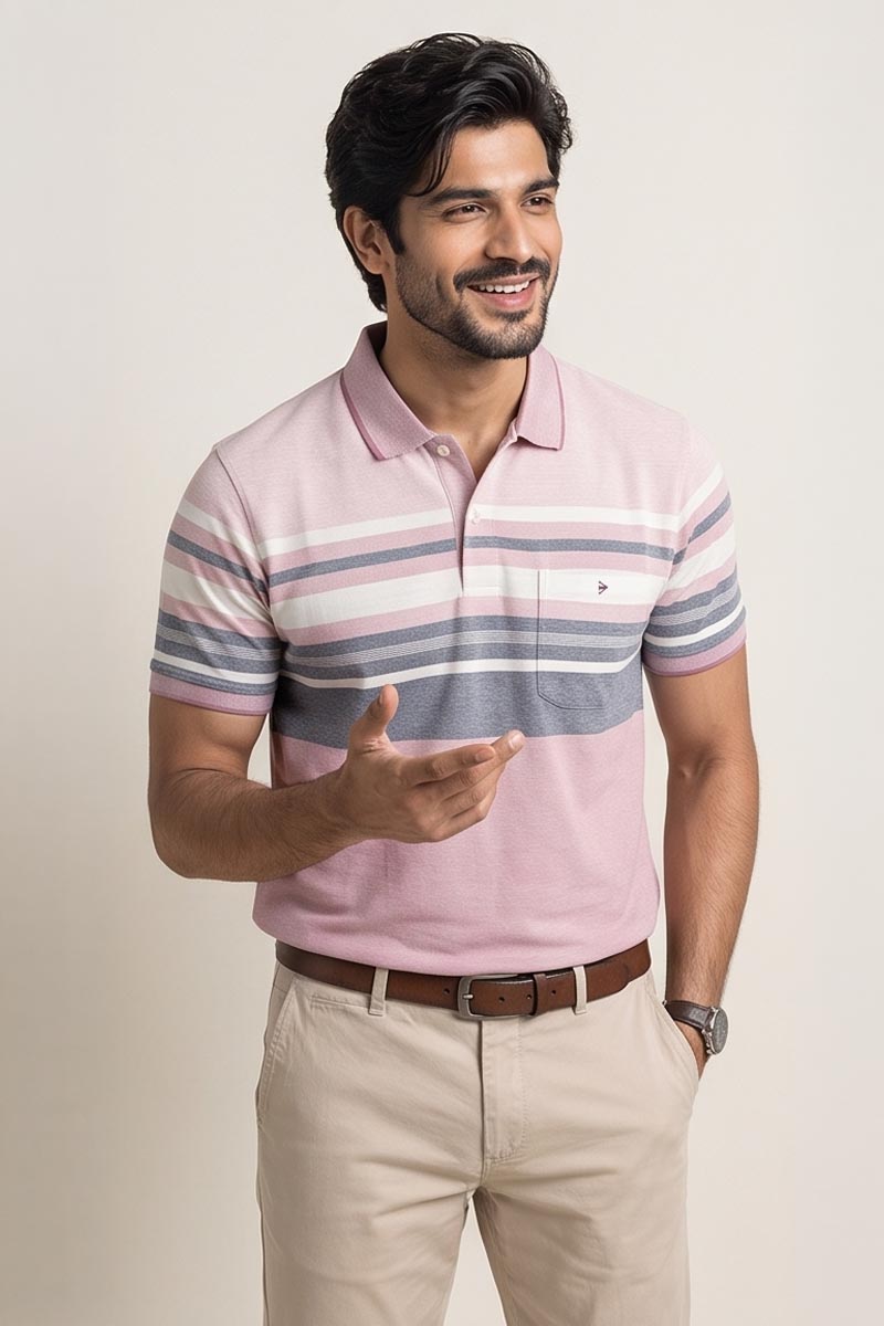 Blush Pink Signature Stripe Polo Tee -Pink - 6