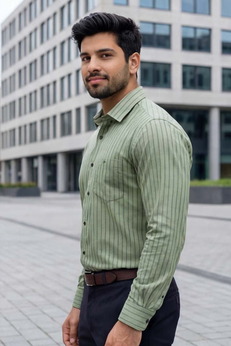 SHIRT Elegant Sage Green Striped Button-Down (P-GREEN) - 4