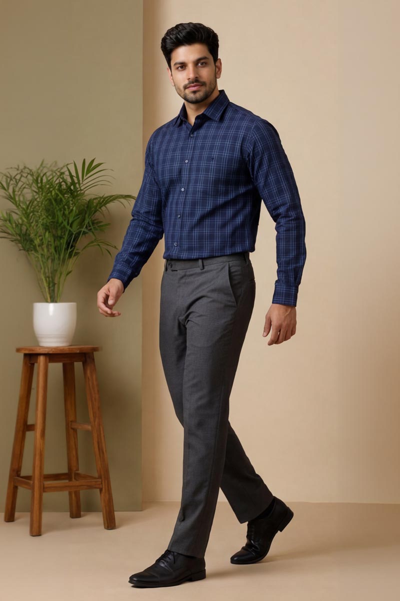 Premium Navy Blue Plaid Shirt - Navy - 3