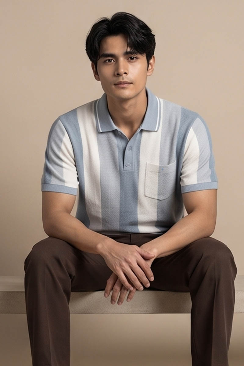 Monochrome Vertical Stripe Polo T-Shirt – Blue - 3