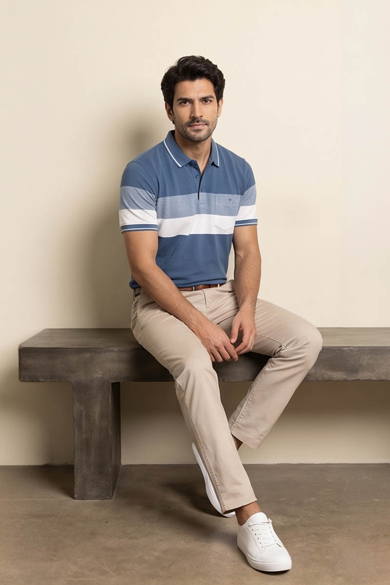 Blue and White Block Stripe Polo T-Shirt -Blue - 3
