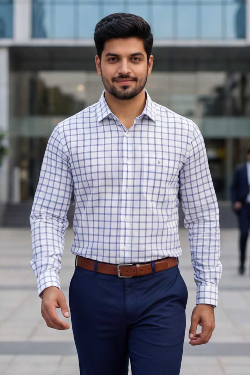 EcoLux Bamboo Cotton Shirt – Blue Checks (Smart Fit, Full Sleeve) - 3