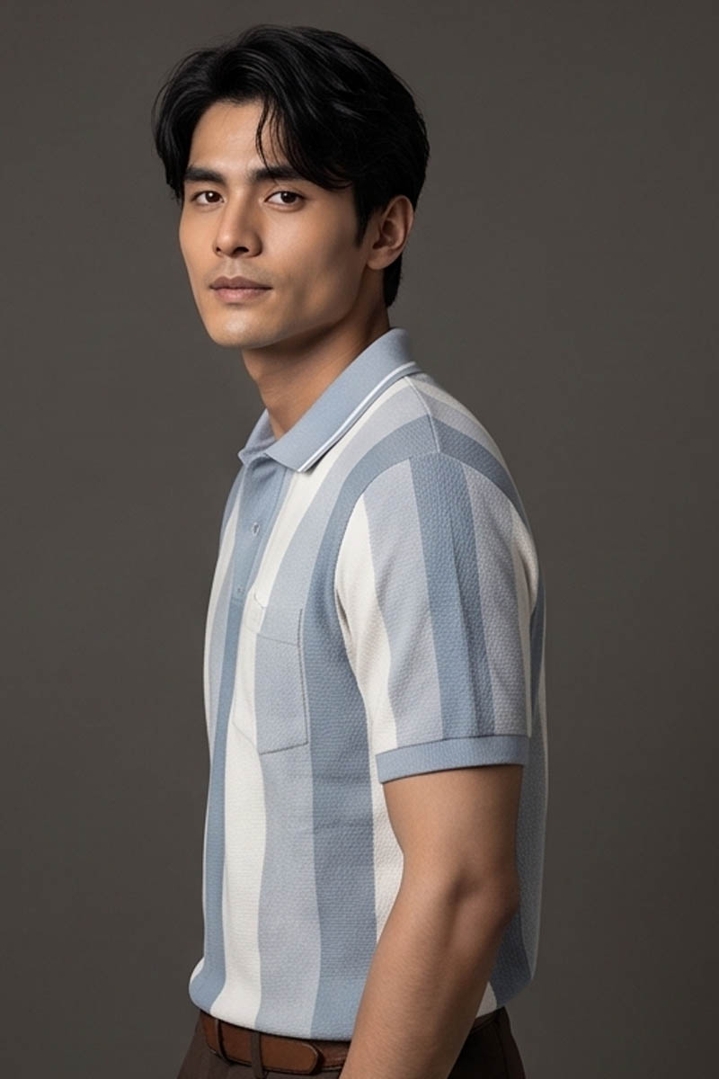 Monochrome Vertical Stripe Polo T-Shirt – Blue - 4