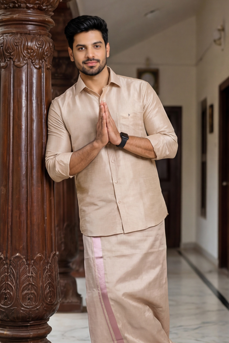 Elite Ethnic Shirt & Mundu Set - L-PINK - 2