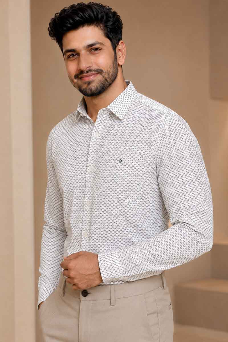Men’s White Textured Geometric Shirt - White - 2