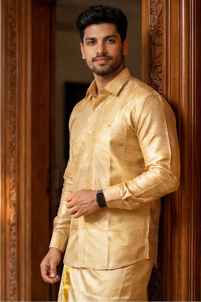Men’s Gold Jacquard Shirt with Kerala Mundu-Gold - 4